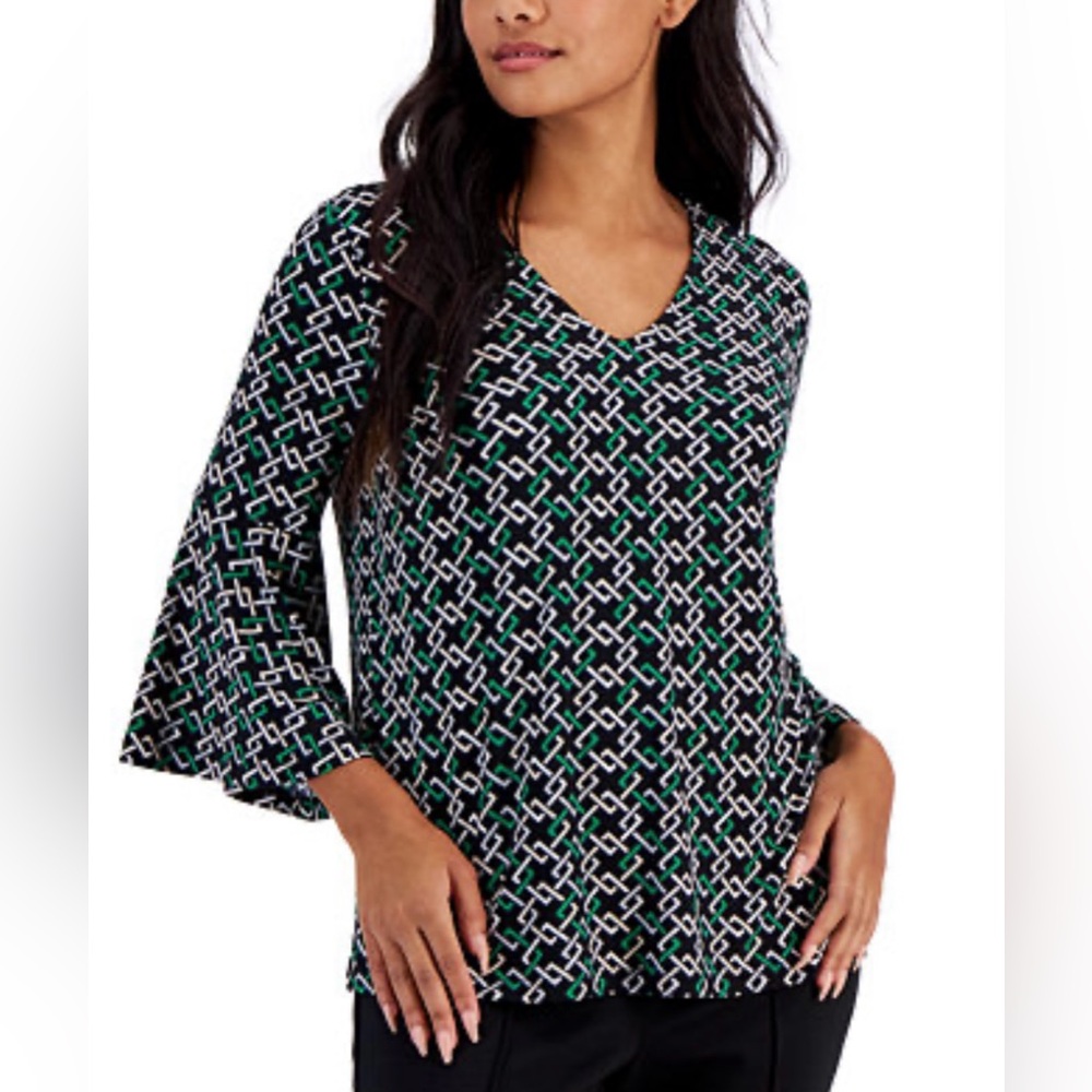 AK Anne Klein Petite Printed V-Neck Bell-Sleeve Top Size Medium